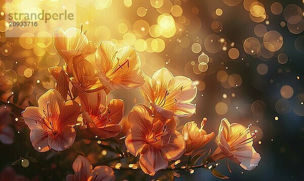 Golden light casting over blooming flowers  surrounded by a bokeh effect  creating a warm  magical atmosphere AI generated