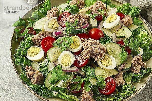 Thunfischsalat  Gemüsesalat mit Wachteleiern  Kopfsalat  roten Zwiebeln und Gurken  auf einem hellgrauen Tisch  Keto Food  Lifestyle  gesunde Ernährung  selektiver Fokus  Draufsicht  keine Menschen