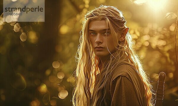 Portrait of a young man in ethnic elven attire with long blonde hair in a forest setting with bokeh light background AI generated