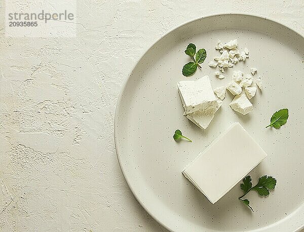 Käsebrikett für Salate  dänisch  weiß  Draufsicht  auf einem weißen Teller