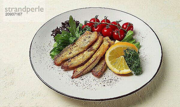 Gebratenes Tilapia Fischfilet  in Gewürzen  mit Kirsche und Salat  auf einem weißen Teller  hausgemacht  ohne Personen