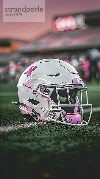 Vertikales Bild eines weißen American Football Helms mit einer aufgedruckten rosa Schleife auf dem Rasen eines Stadions zur Unterstützung des Breast Cancer Awareness Month. AI generiert  KI generiert