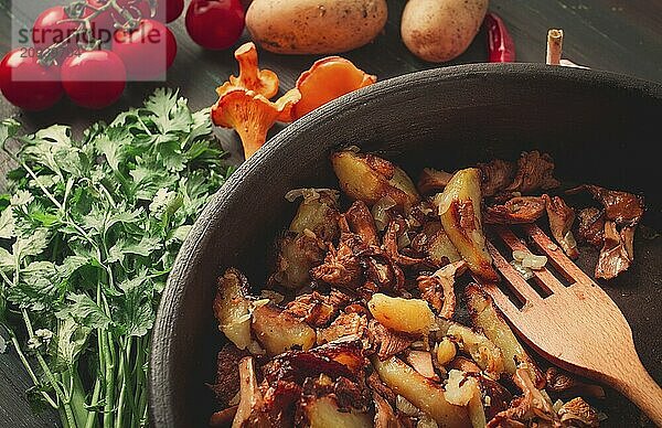 Gebratene Pfifferlinge mit Pilzen  in einer Tonpfanne  Nahaufnahme  Draufsicht  selektiver Fokus