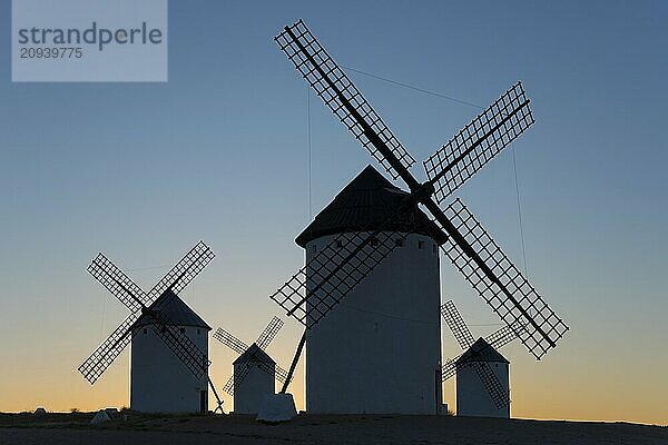 Silhouetten von Windmühlen vor einem klaren Himmel bei Sonnenuntergang  Windmühlen  Campo de Criptana  Provinz Ciudad Real  Kastilien-La Mancha  Route des Don Quijote  Spanien  Europa