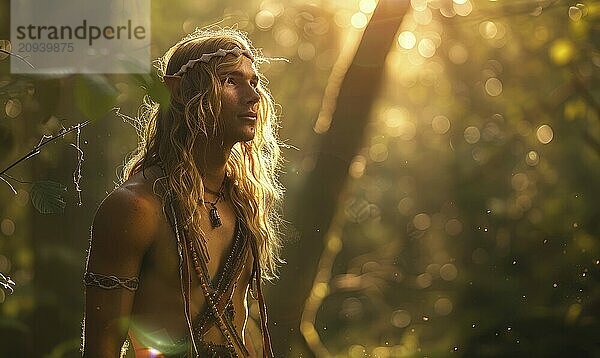 Portrait of a young man in ethnic elven attire with long blonde hair in a forest setting with bokeh light background AI generated