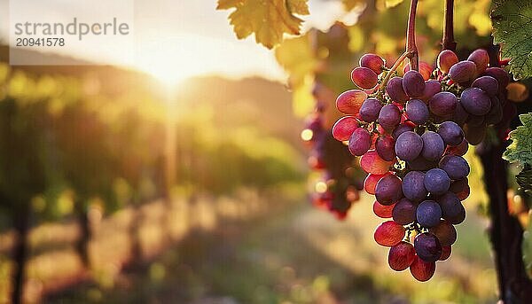 Rote Trauben reifen in den Sonnenstrahlen auf einem Weinberg. Weiches Sonnenuntergangslicht mit Blick auf die Weinfelder im Hintergrund. AI Generated  AI generiert  KI generiert