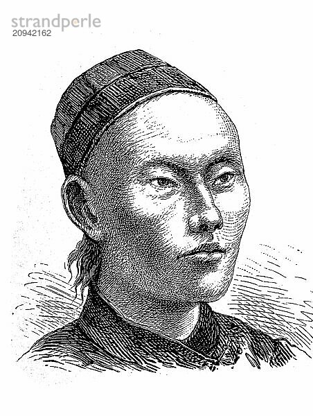 Typen asiatischer Völker  Chinese  Illustration aus 1881  Historisch  digitale Reproduktion einer Originalvorlage aus dem 19. Jahrhundert