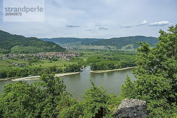 Blick von der Burg Dürnstein im Frühling  Dürnstein  Fluss Danubia  Wachau  Österreich  Europa