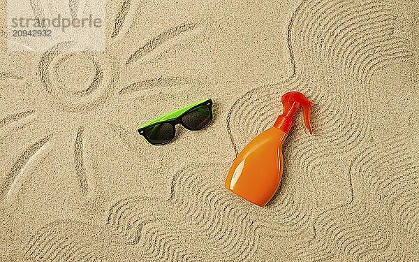 Zeichnung auf dem Sand  Sonne und Wellen  Sonnenbrille  mit einer orangefarbenen Flasche  Bräunungsspray auf dem Sand  Draufsicht  keine Menschen