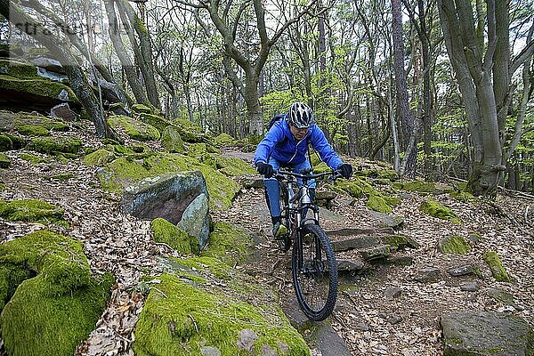 Mountainbiker auf einem verblockten Trail der Schwierigkeitsskala S 2 im Pfälzerwald