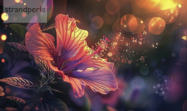 Close-up of a pink-orange hibiscus flower with dreamy bokeh lights and warm glow in the background AI generated