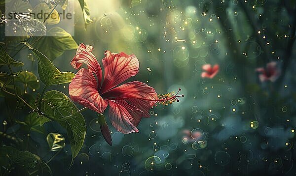 Red hibiscus flower amidst green leaves with a dreamy glow and bokeh lights AI generated