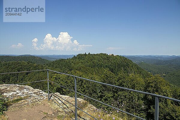 Grenzüberschreitende Burgenwanderung im Biosphärenreservat Pfälzerwald-Nordvogesen: Blick von der Hohenburg im Elsass auf die in unmittelbarer Nähe gelegene Wegelnburg im Pfälzerwald