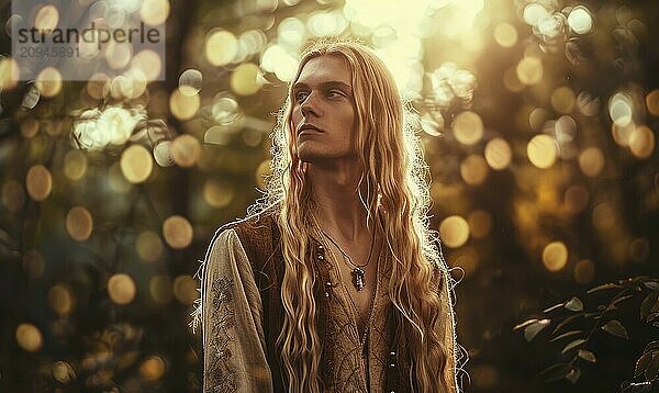 Portrait of a young man in ethnic elven attire with long blonde hair in a forest setting with bokeh light background AI generated