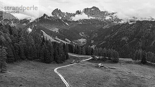 Almwiese Wuhnleger  hinten die Gipfel des Rosengarten  umhüllt mit Nebelschwaden  Drohnenaufnahme  Schwarz-Weißaufnahme  Dolomiten  Autonome Provinz Bozen  Südtirol  Italien  Europa