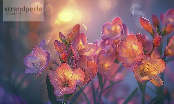 Soft colored flowers glowing under warm light with a bokeh background  evoking a dreamy ambiance AI generated