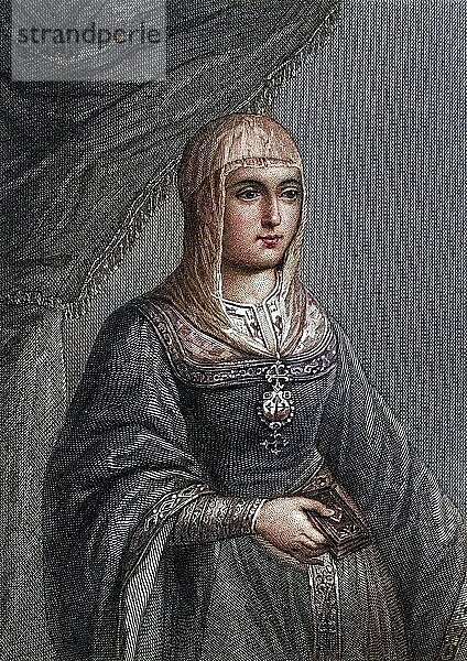 Isabella I.  Beiname Isabella die Katholische. Spanisch Isabel La Catolica  1451-1504. Königin von Kastilien (1474-1504) und von Aragon (1479-1504)  regierte die beiden Königreiche ab 1479 gemeinsam mit ihrem Ehemann. Kupferstich von W. Greatbatch vom Original im Königspalast in Madrid. Aus dem Buch „Geschichte der Herrschaft von Ferdinand und Isabella  der Katholischen  von Spanien  Band I“ von William H. Prescott  erschienen 1851.  digital restaurierte Reproduktion von einer Vorlage aus dem 19. Jahrhundert  Record date not stated