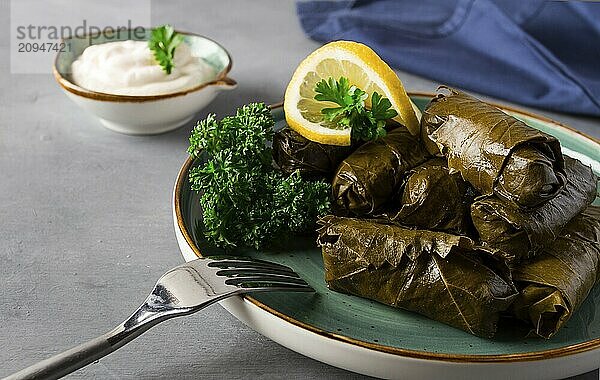 Dolma  Kohlrouladen  Traubenblätter mit Füllung  weiße Soße  Zitrone und Kräuter  rustikal  selektiver Fokus  keine Menschen