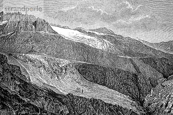 Aargletscher  Gletschergruppe in den östlichen Berner Alpen am Finsteraarhorn  Schweiz  im Jahre 1870  Historisch  digitale Reproduktion einer Originalvorlage aus dem 19. Jahrhundert  Europa