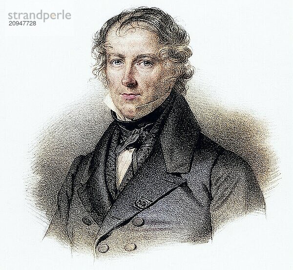 Jean Baptiste Biot (1774-1862) französischer Physiker und Astronom. 1804 gelang Biot zusammen mit Gay-Lussac der erste Ballonaufstieg speziell für wissenschaftliche Zwecke. Lithographie.  Historisch  digital restaurierte Reproduktion von einer Vorlage aus dem 19. Jahrhundert  Record date not stated