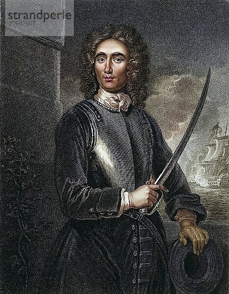 John Benbow (1653-1702) englischer Marinekommandant  geboren in Shrewsbury  Shropshire. Vizeadmiral 1701. In Westindien  vor Santa Marta  traf er am 19. August 1702 auf überlegene französische Streitkräfte unter Du Casse. Sein Bein wurde durch Kettengeschosse zerschmettert und er wurde von seinen Kapitänen im Stich gelassen. Er erlag im Oktober in Jamaika seinen Verletzungen. Er wird als „mutiger Benbow“ in Erinnerung behalten. Kupferstich nach einem Porträt von Godfrey Kneller.  Historisch  digital restaurierte Reproduktion von einer Vorlage aus dem 19. Jahrhundert  Record date not stated