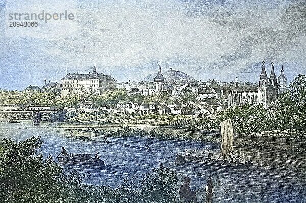 Historische Ansicht  19. Jahrhundert  von der Stadt und Schloss Raudnic an der Elbe  Raudnitz  früher Deutschland  heute Roudnice nad Labem  Tschechien  digital restaurierte Reproduktion von einer Vorlage aus dem 19. Jahrhundert  Record date not stated  Europa