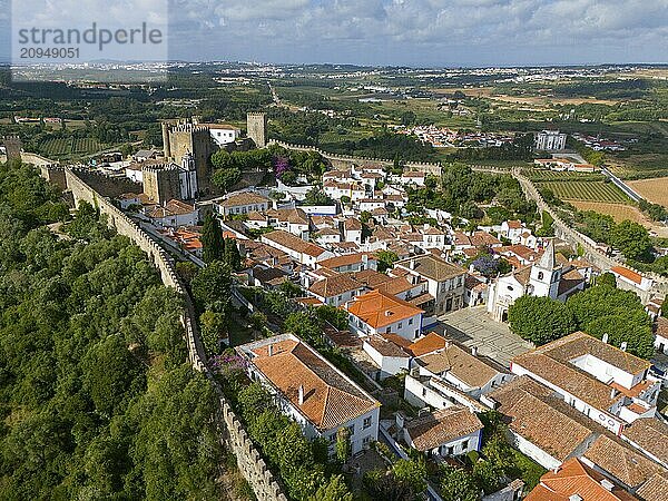 Luftaufnahme einer historischen Stadt mit roten Dächern  umgeben von Burgmauern und in eine grüne Landschaft eingebettet  Stadt  Burg  Castelo de Óbidos  Stadtmauer  Óbidos  Obidos  Oeste  Centro  Estremadura  Portugal  Europa