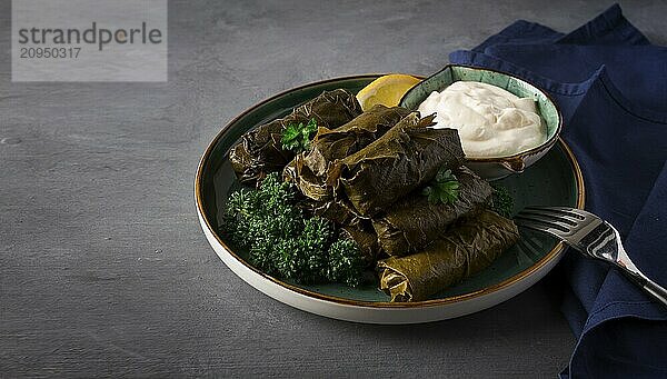 Dolma  Kohlrouladen  Traubenblätter mit Füllung  weiße Soße  Zitrone und Kräuter  rustikal  selektiver Fokus  keine Menschen