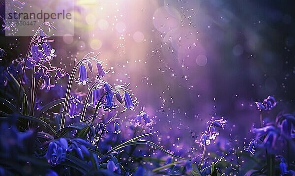 Bluebells bathed in dreamy sunlight with bokeh lights creating an ethereal forest atmosphere AI generated