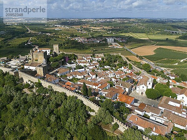 Luftaufnahme einer Stadt mit roten Dächern  historischen Gebäuden und einer Burg  eingebettet in eine grüne Landschaft mit umgebenden Feldern  Stadt  Burg  Castelo de Óbidos  Stadtmauer  Óbidos  Obidos  Oeste  Centro  Estremadura  Portugal  Europa