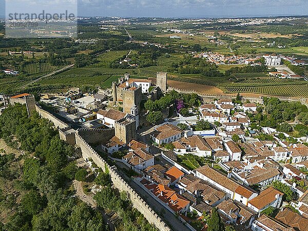 Luftaufnahme einer Stadt mit roten Dächern und historischen Gebäuden  umgeben von Burgmauern und eingebettet in grüne Landschaft  Stadt  Burg  Castelo de Óbidos  Stadtmauer  Óbidos  Obidos  Oeste  Centro  Estremadura  Portugal  Europa