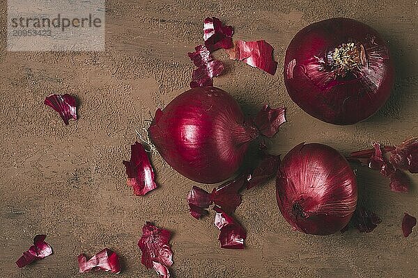 Rote Zwiebel  frisch  roh  auf dunklem Hintergrund  Ansicht von oben