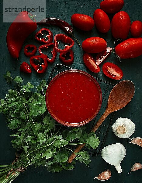 Tomatensauce  Tomaten und Paprika  georgische Satsebeli Sauce  mit Zutaten auf dunklem Hintergrund  Draufsicht  Nahaufnahme  ohne Personen