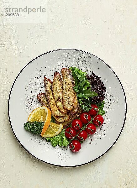 Gebratenes Tilapia Fischfilet  in Gewürzen  mit Kirsche und Salat  auf einem weißen Teller  hausgemacht  ohne Personen