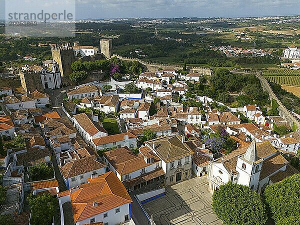 Luftaufnahme einer historischen Stadt mit roten Dächern und einer Kirche  umgeben von Burgmauern und eingebettet in grüne Landschaft  Stadt  Burg  Castelo de Óbidos  Stadtmauer  Óbidos  Obidos  Oeste  Centro  Estremadura  Portugal  Europa