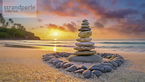 Aufgetürmter Steinhaufen an einem exotischen Strand in der Morgendämmerung. Ruhiger Blick auf den Sonnenaufgang über dem Meer. AI generiert  KI generiert