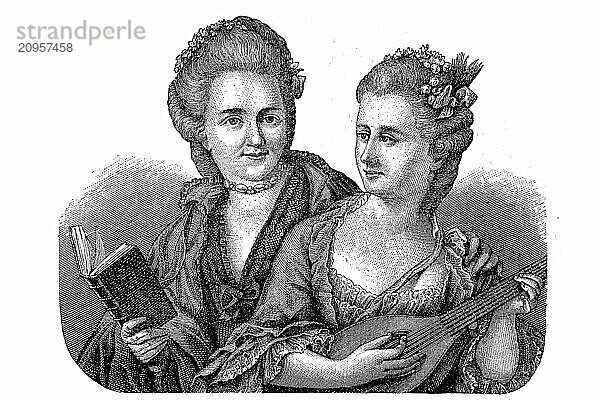 Friederike Oeser  1748-1829  Freundin von Goethe  zusammen mit ihrer Schwester  Historisch  digitale Reproduktion einer Originalvorlage aus dem 19. Jahrhundert