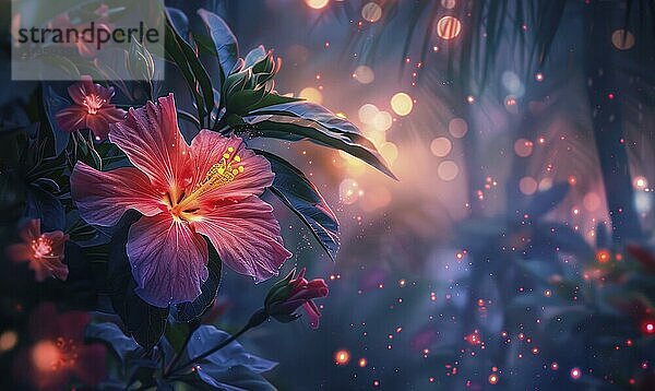 Red and pink hibiscus flowers with leafy background and dreamy bokeh lights in an evening setting AI generated