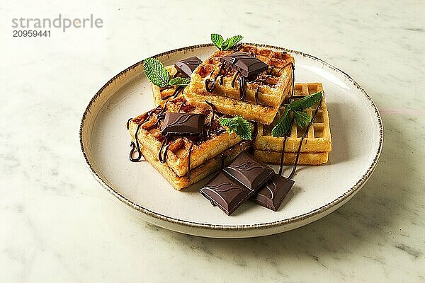 Wiener Waffeln  mit Schokolade  Frühstück  auf einem beigen Hintergrund  keine Menschen  selektiver Fokus  Waffeln  Dessert  Schokolade  Minze