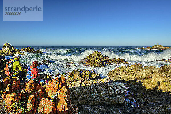 Hikers sitting on rocks and looking at incoming waves in sea at Kranshoek Hiking Trail  Garden Route National Park  Western Cape  South Africa