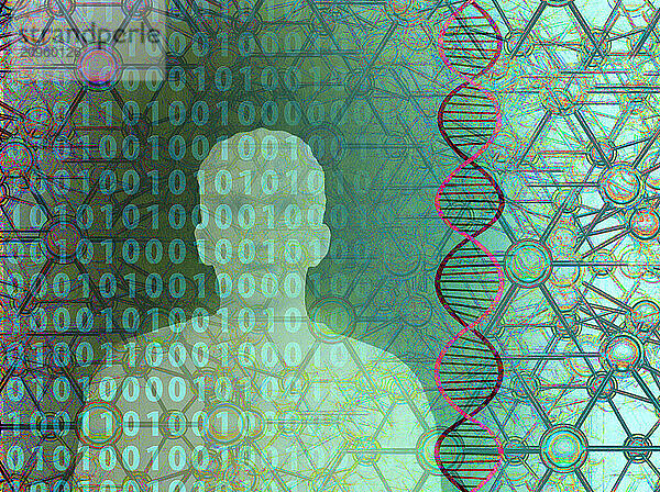 Illustration of abstract binary codes with human DNA structure