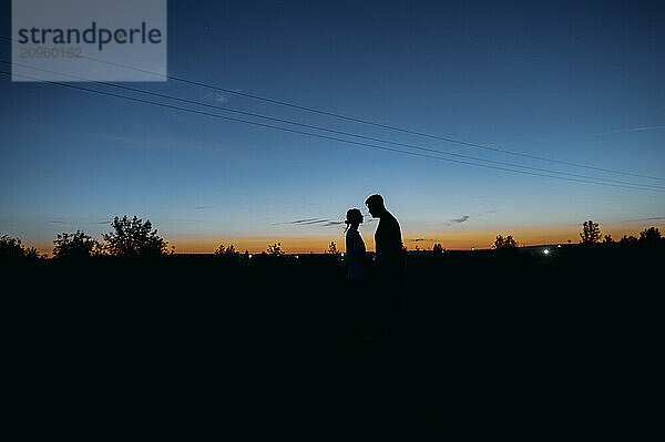 Silhouette of couple standing face to face at dusk