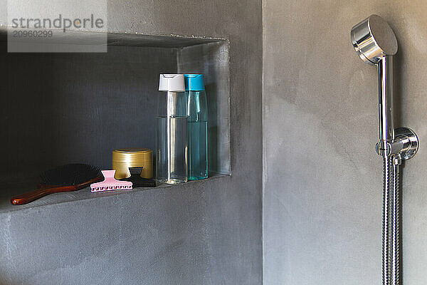 Hand shower with toiletries kept in bathroom