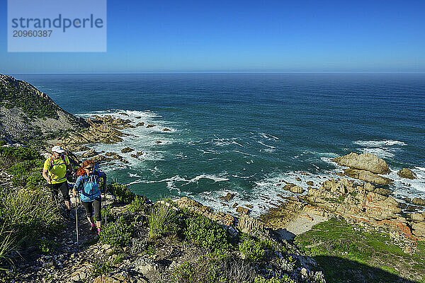 Man and woman hiking on Kranshoek Trail near Indian Ocean in Garden Route National Park  Western Cape  South Africa