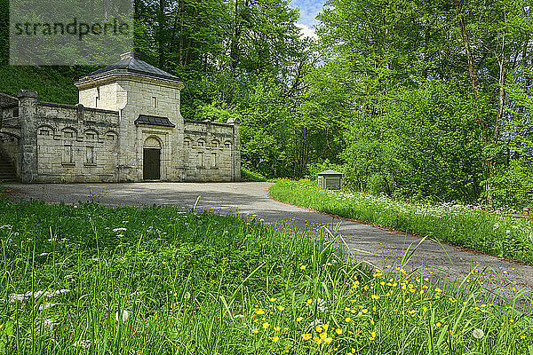 Footpath leading to surge tank of Munich watersupply in Bavarian Alps  Bavaria  Germany