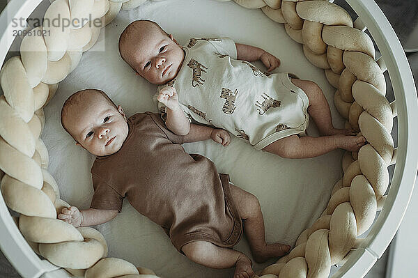 Twin brothers lying in crib at home