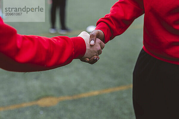 Soccer players shaking hands on field