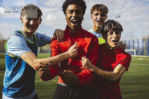 Cheerful soccer players winning match on sunny day