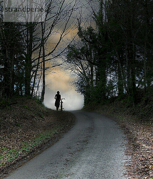 Illustration of woman walking with bicycle on country road