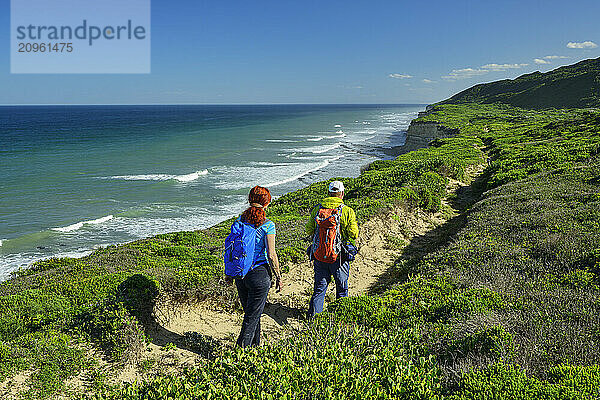 Travelers hiking on Alexandria trail near sea in Eastern Cape  South Africa